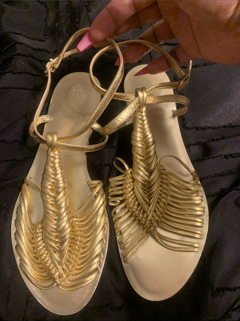 Vince Camuto Metallic Gold Braided T-Strap Sandals.